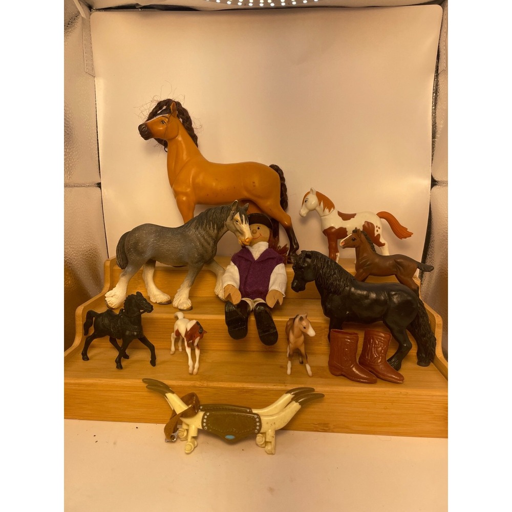 Toy Horse Lot of 8 Plastic Mixed Lot with wooden rider One Is A Schleich